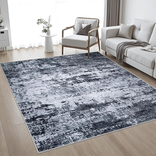 6x6 Area Rug Living Room Rug: Washable Modern Abstract Soft Thin Rug Indoor Floor No Slip Stain Resistant Carpet for Bedroom Dining Room Farmhouse Nursery Home Office - Black