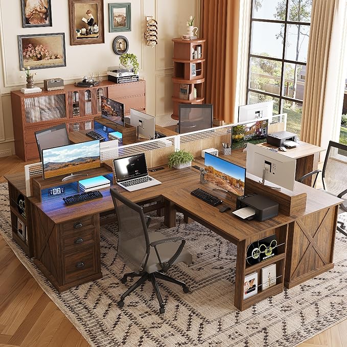 FREDEES L Shaped Desk with Movable Stand and Led Lights, 59 inch Farmhouse Home Office Desk with File Drawer, Corner Computer Desk with Power Outlets, Executive Desk for Working,Gaming, Walnut