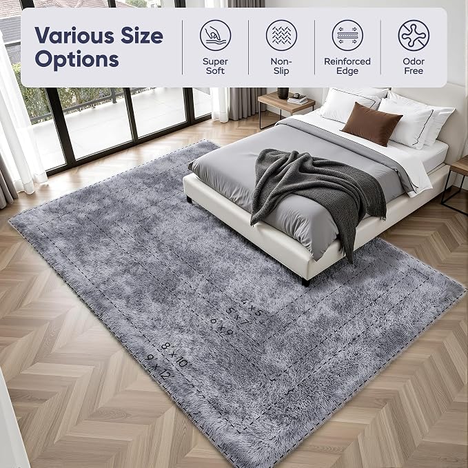Area Rug for Living Room Bedroom: 9x12 Light Grey Soft Fluffy Shag Upgrade Non-Slip High Pile Carpet Large Fuzzy Plush Indoor Floor Decor Shaggy Rug for Kid Boys Girls Playroom Nursery Modern Home