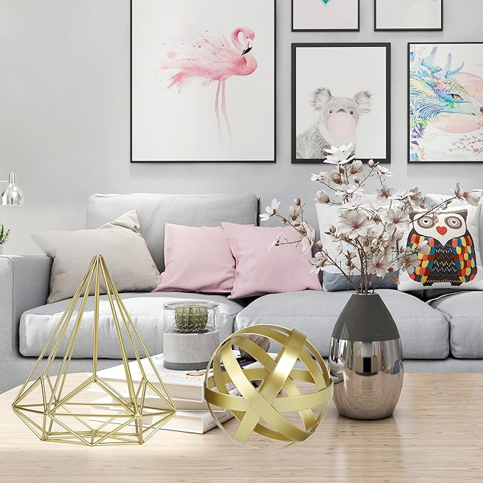 BYHER Gold Decor for Living Room Bedroom Bookshelf Coffee Table, Modern Style Figurine Decorative Ornaments Home Decor for Shelves (4.5" Modern Decorative Ball)