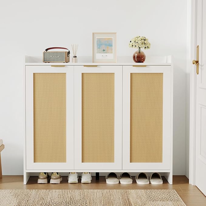 Shoe Cabinet, 41" Tall Rattan Shoe Storage Organizer Cabinet, Adjustable Shelves, 6-Tier Farmhouse Boho Wooden Storage Cabinet for Entryway Hallway Closet Bedroom,White