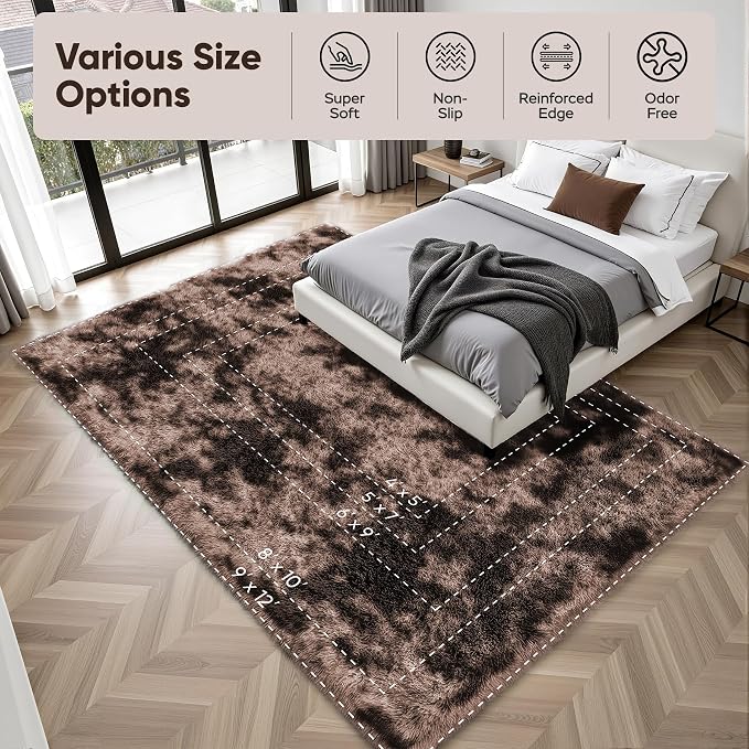8x10 Area Rugs for Living Room Bedroom:Soft Fluffy Shag Upgrade Non-Slip High Pile Carpet Large Fuzzy Plush Indoor Floor Decor Shaggy Coffe Tie-Dyed Rug for Kid Boys Girls Playroom Nursery Modern Home