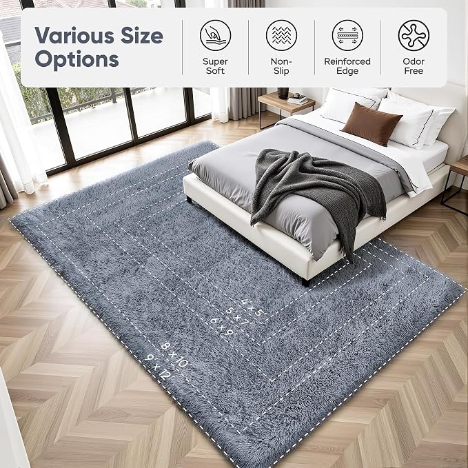 Area Rug for Living Room Bedroom: 4x6 Grey Soft Fluffy Shag Upgrade Non-Slip High Pile Carpet Large Fuzzy Plush Indoor Floor Decor Shaggy Rug for Kid Boys Girls Dorms Playroom Nursery Modern Home