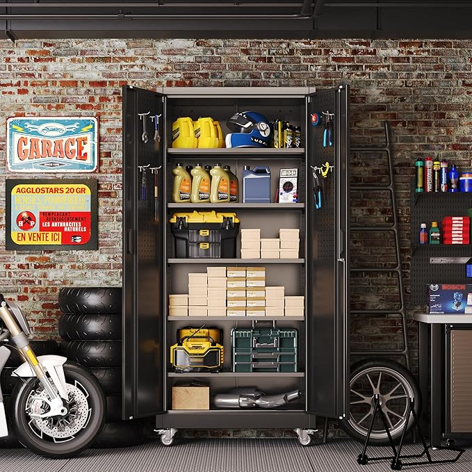 Garage Storage Cabinet with Wheels and Pegboard, 71" H x 32" W x 16" D Lockable Metal Storage Cabinet with 5 Adjustable Shelves and 2 Doors for Garage Home, Assembly Required, Black