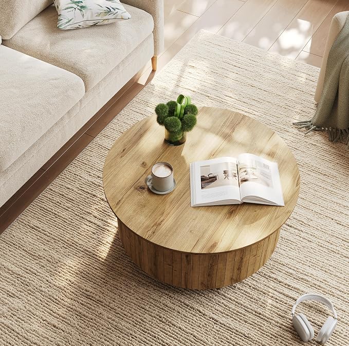 kepptory Round Lift Top Coffee Table with LED Lights, Mid Century Modern Wooden Coffee Tables with 3 Storage Space, Circle Center Table for Living Rooms,Dining Room,Bedroom Home Office,APP LED Lights