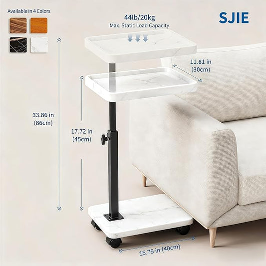 C Table End Table Adjustable Height, 360°Swivel TV Tray Table for Small Spaces, Side Tables with Wheels for Living Room and Bedroom, Bed (White)