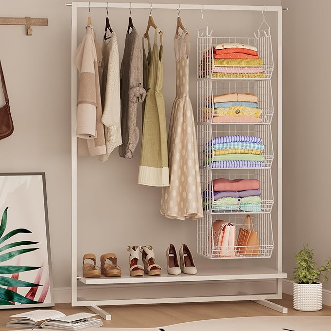 5 Tier Closet Hanging Organizer, Clothes Hanging Shelves with 4 Hanging Hooks 5 S Hooks, Wire Storage Basket Bins, for Clothing Sweaters Shoes Handbags Clutches Accessories Patent Design-White