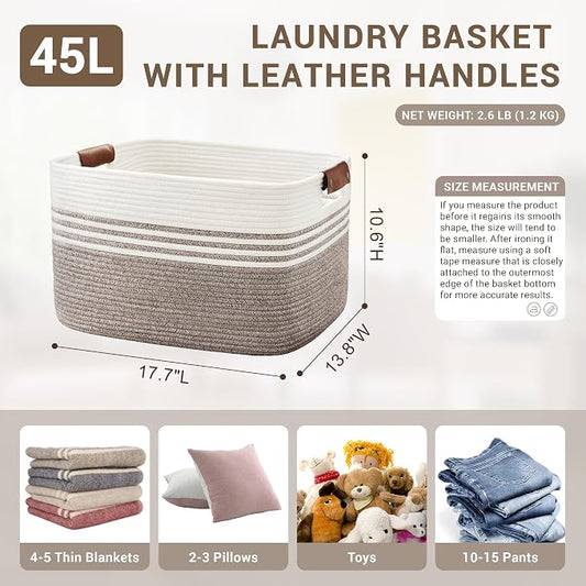 45L Small Laundry Basket with Leather Handles for Living Room Storage, Woven Rope Baskets Bin for Blanket, Kids Toy, Gifts, Wicker Hamper for Bedroom Dirty Clothes, 18"x14"x11" Dark Brown