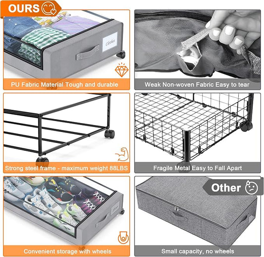 Under Bed Storage with Wheels, 2 Pack Under Bed Storage Containers with Clear Lids, XXL 65L Under Bed Storage Organizer, Rolling Under Bed Metal Drawer for Blanket, Clothes, Shoes (31 x 17 x 6.69 in)
