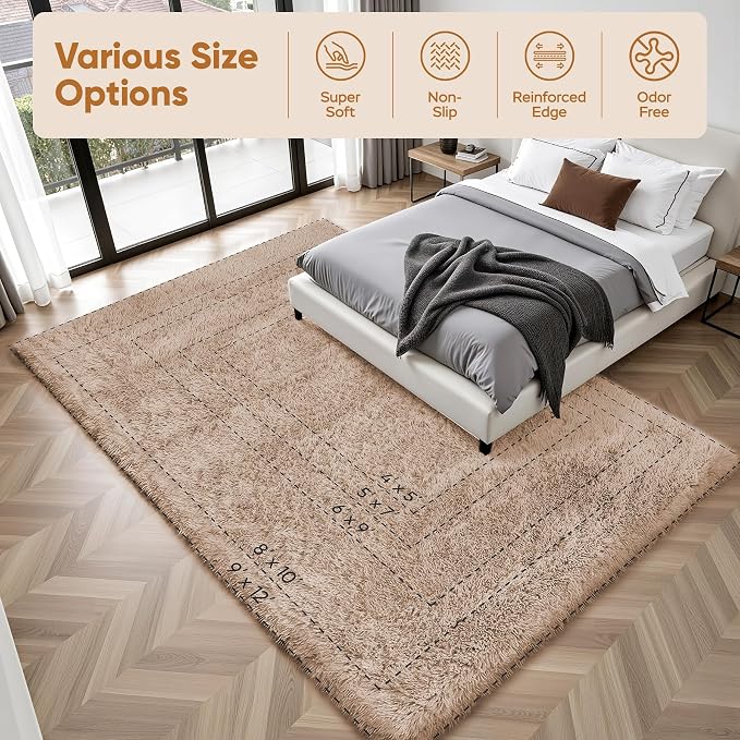 Area Rug for Living Room Bedroom: 5x7 Camel Soft Fluffy Shag Upgrade Non-Slip High Pile Carpet Large Fuzzy Plush Indoor Floor Decor Shaggy Rug for Kid Boys Girls Dorms Playroom Nursery Modern Home