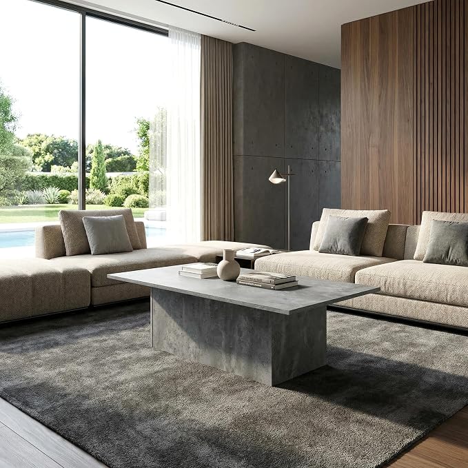 HNY Modern Rectangular Coffee Table Grey Large Center Table 47" Wooden Tea Table Concrete Texture Finish for Living Room, Reception Room, Home Office,Industrial Minimalist