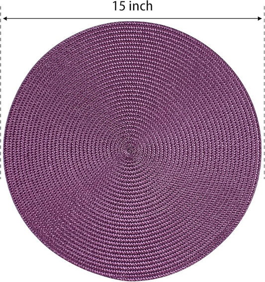 FunWheat Round Braided Placemats Set of 6 Table Mats for Dining Tables Woven Washable Non-Slip Place mats 15 inch(Purple, 6pcs)
