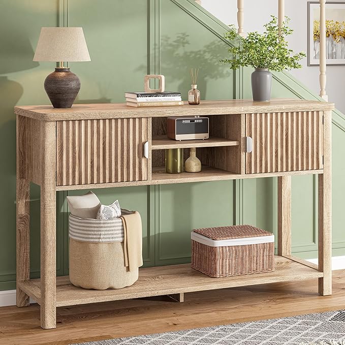 Console Table Fluted with 8 Storage Shelves & 2 Doors, Modern Entryway Table Behind Couch with Open Storage Shelf, Entry Table for Hallways,Entryway, Living Room,Wooden, Oak