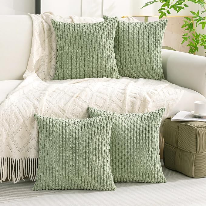 Set of 4 Sage Green Decorative Throw Pillow Covers 24x24 Inch Corduroy Pillow Covers for Bed Couch Sofa Living Room Soft Square Cushion Cases