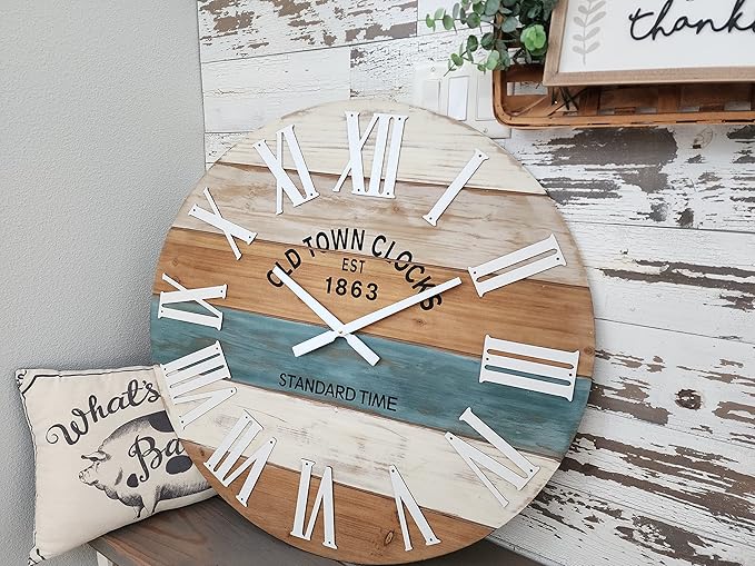 Oldtown Clocks 18" Wooden Multi-Color Maritime Coastal Beach Large Roman Wall Clock (Blue, 18 inch)