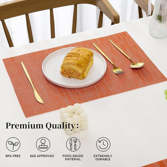 Leetaltree Orange Placemats Set of 4 - Heat Resistant Non-Slip Place mats for Dining Table, Washable Durable PVC Vinyl Woven Table Mats(Orange, 4)