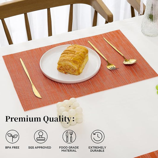 Leetaltree Orange Placemats Set of 8 - Heat Resistant Non-Slip Place mats for Dining Table, Washable Durable PVC Vinyl Woven Table Mats(Orange, 8)