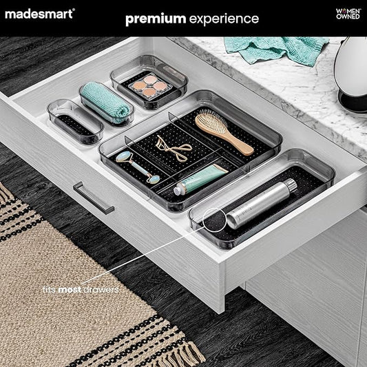 madesmart Premium 4 Piece Clear Storage Bin Set, Modular Drawer Organizers for Office, Kitchen, Bathroom & Home, Soft Grip Lining, Non Slip Base, Durable Plastic, Carbon
