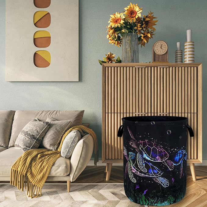 Watercolor Sea Turtle Laundry Basket Foldable Cute Turtles Laundry Hamper Oxford Cloth Ocean Animals Colorful Tote Bag Clothes Toy Storage Bucket For Bathroom/Laundry Storage/Bedroom 18.9x16.5 Inch