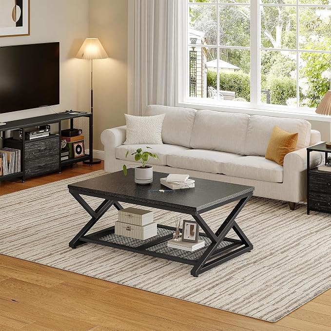 EnHomee Black Coffee Table with Storage, Modern Coffee Tables with Mesh Shelf, 2 Tier Minimalist Industrial Center Table for Living Room, Office, 39.4 Inch, Black Oak