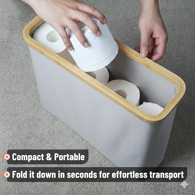 BAMBOO LAND- Toilet Paper Storage with Bamboo Lid for 12 Rolls, Light Gray, Waterproof Bamboo Toilet Paper Holder Basket