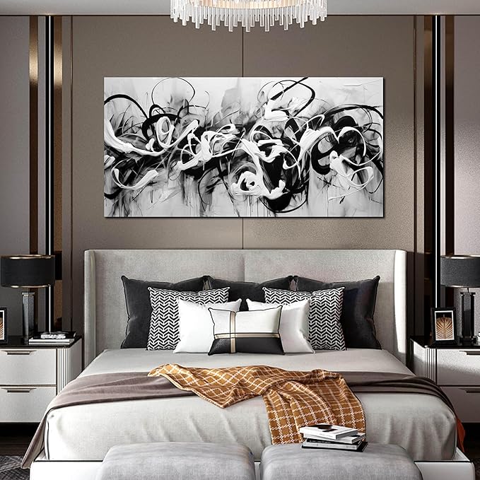 Abstract Canvas Wall Art for Living Room Bedroom Office Black and White Wall Art Abstract Line Picture Framed Wall Decor Modern Canvas Prints 29x59 In