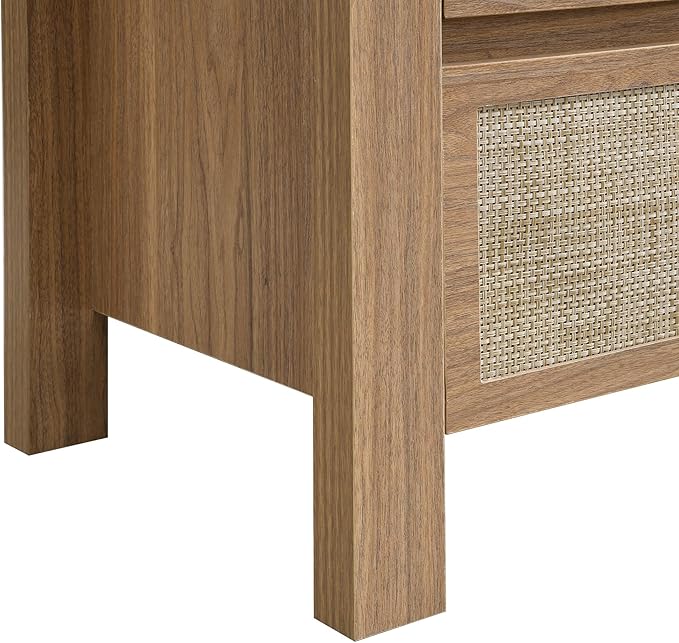 XIAO WEI Rattan Nightstand with Charging Station, Boho Bedside Table with 2 Drawers, Farmhouse End Table for Bedroom, Wood Accent Bed Side Table with Storage, Reclaimed Light Oak