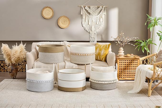 KAKAMAY Cotton Rope Storage Basket (20"x13"),Woven Hamper for Blankets,Toys,Pillows,Clothes,Laundry,Sturdy Handles Decorative Basket for Living Room, Bedroom,Nursery(Brown/White)
