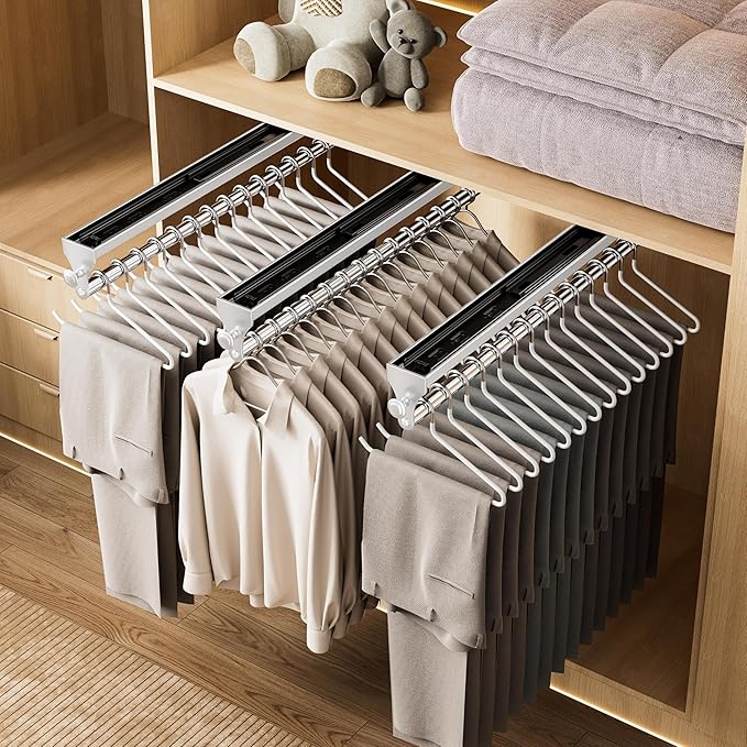 Pull Out Closet Rod, 15.7inch Heavy Duty Pants Rack, Adjustable Clothes Hanger Rail, Space Aluminum Valet Rod, Top Mounted Wardrobe Clothes Organizer, Closet Storage for Trousers Coats White