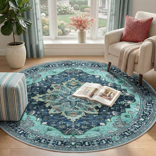 RELEANY Area Rugs Round 4ft Washable Non-Slip, Floral Vintage Distress Medallion Carpet for Living Room Bedroom Dining Room, Teal Green Lake Blue Turquoise