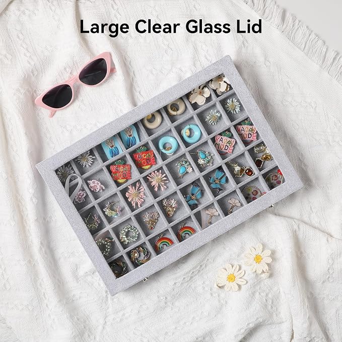 Frebeauty 40 Grid Jewelry Tray,Adjustable Earring Holder Organizer with Glass Lid,Velvet Drawer Jewelry Organizer for Rings,Studs,13.8 x 9.5 x 2 Inches Jewelry Display Box,Gift for Women(Grey)