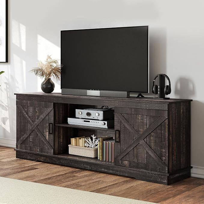 YITAHOME Farmhouse TV Stand for 65 Inch TV, Mid Century Modern Entertainment Center with Double Barn Doors, Rustic TV Media Console TV Cabinet for Living Room, Dark Oak