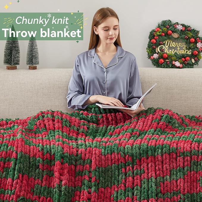 Negwoo Chunky Knit Throw Blanket, 80''*90'' Knitted Throw Chenille Yarn for Bed Couch, Handmade Stripe Crochet Big Thick Blanket, Machine Washable Cute Comfy Blanket for Home Decor