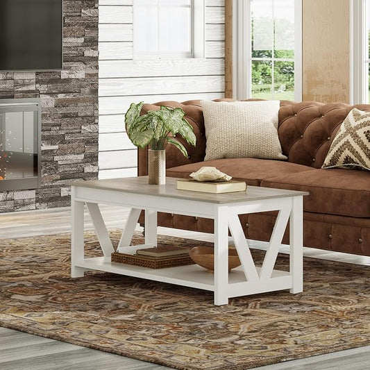WLIVE Farmhouse Coffee Table, 43" Coffee Table for Living Room, Modern Center Table with Storage Shelf, V Shaped Support, Grey&White