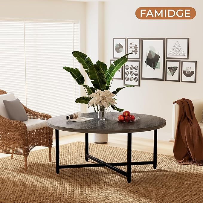 Round Coffee Table, 31.5" Coffee Tables for Living Room, Large Coffee Table Round for Indoor & Outdoor Use, Office, Patio or Garden, Large Gray(31.5" D x 17.7" H)