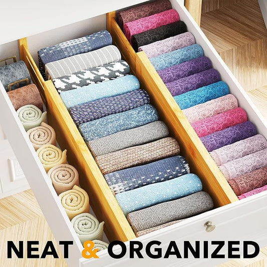 SpaceAid Bamboo 4 Pack Dresser Drawer Dividers, 4.65“ High Adjustable 17“-22” Drawer Organizers, Expandable Organization for Clothing, Clothes, Dressers, Natural