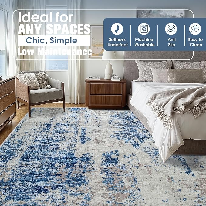 8x10 Area Rugs for Living Room Rug Washable: Abstract Large Rug for Dining Room Bedroom Carpet Non Slip 8 by 10 Indoor Modern Nursery Home Office Blue Grey White