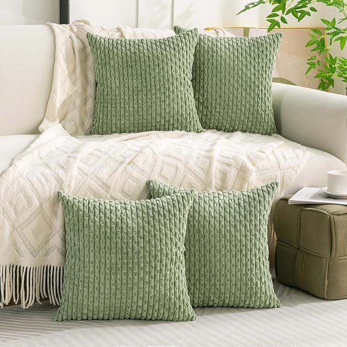 Set of 4 Sage Green Decorative Throw Pillow Covers 18x18 Inch Corduroy Pillow Covers for Bed Couch Sofa Living Room Soft Square Cushion Cases