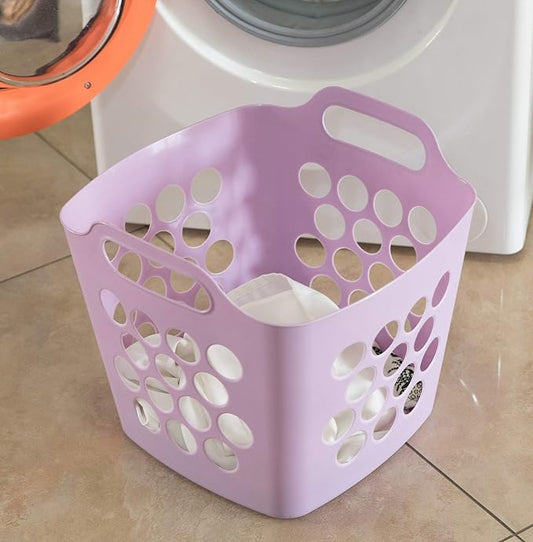 Flexible Plastic Carry Laundry Basket Holder Square Storage Hamper with Side Handles, Purple Set of 3