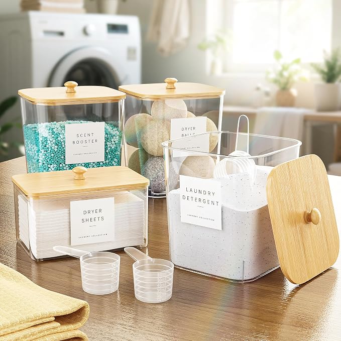 Moforoco 4+1 Pack Bamboo Laundry Pods Container, Acrylic Clear Laundry Room Organization Containers,Large Laundry Pods Holder for Scent Booster Detergent Powder Storage Containers Lids & Labels
