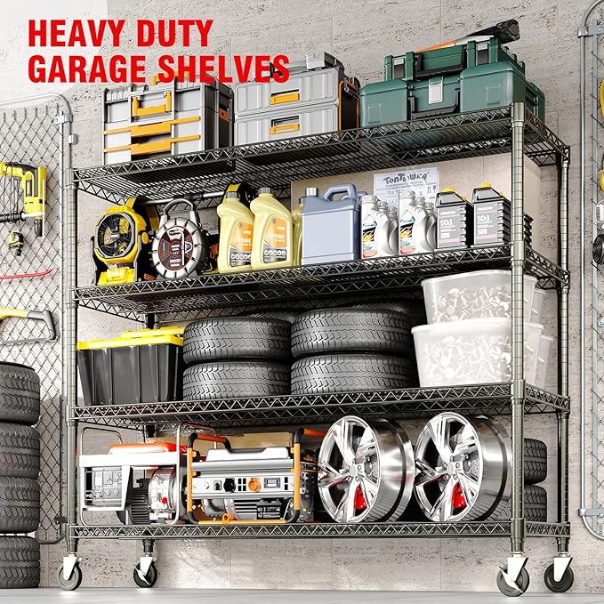 GarveeLife 72" H Storage Shelves with Wheels 2640 LBS Heavy Duty Metal Shelving 4-Tier Wire Shelving for Corner Storage Rack Adjustable Pantry Shelf for Kitchen Pantry, 72" H x 59" W x 17.7" D