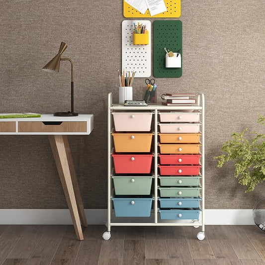 GOFLAME 15-Drawer Rolling Storage Cart, Craft Storage Cart with Removable Drawers & Lockable Wheels, Art Cart Supply Storage Organizer for Home Office Classroom, Macaron Color