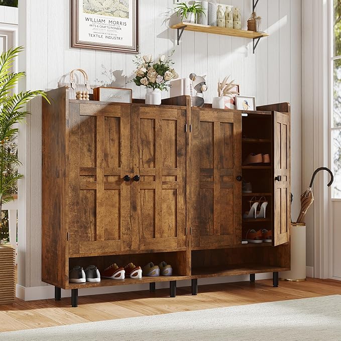 Farmhouse Shoe Cabinet with Doors, 6-Tier Wooden Shoe Organizer with Adjustable Shelves, Entryway Storage Cabinet, Rustic Shoe Storage for Entryway or Living Room (Rustic Brwon)