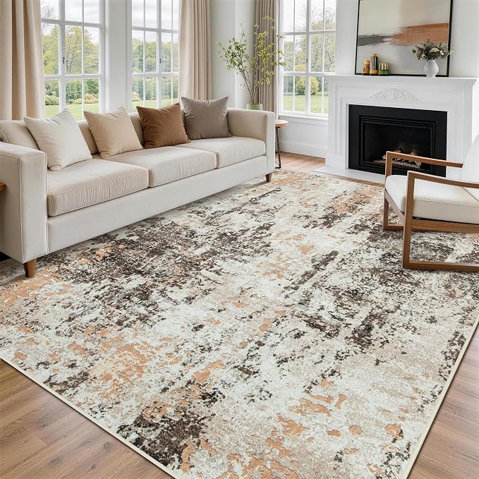 8x10 Area Rugs for Living Room Rug Washable: Abstract Large Rug for Dining Room Bedroom Carpet Non Slip 8 by 10 Indoor Modern Nursery Home Office Brown Beige