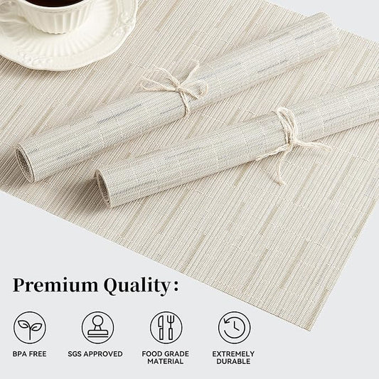 Leetaltree Pale Beige Placemats Set of 4 - Heat Resistant Non-Slip Place mats for Dining Table, Washable Durable PVC Vinyl Woven Table Mats(Pale Beige, 4)