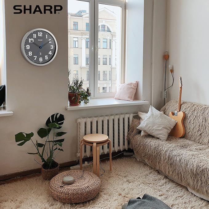 Sharp Atomic Analog Wall Clock - 12" Grey Face, Silver Brushed Finish - Sets Automatically- Battery Operated - Easy to Read - Easy to Use – Modern Design and Style