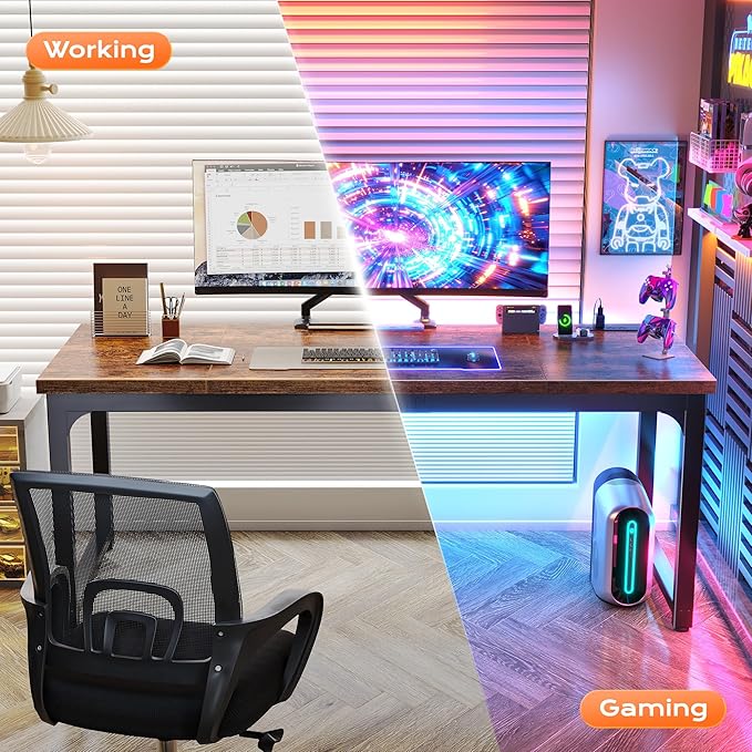 Huuger 63 x 24 inch Desk with Power Outlets & USB-C, Deeper & Thicker Desktop, Robust Metal Tubes, Computer Desk, Heavy Duty Office Desk, Work Gaming Desk, for Home Office, Rustic Brown