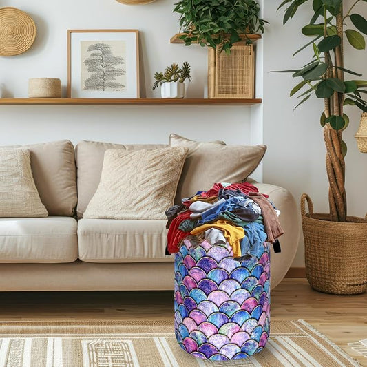 Colorful Mermaid Scales Laundry Basket Foldable Oxford Cloth Beautiful Fish Scales Laundry Hamper With Handle Clothes Storage Organizer Basket 18.9"x16.5"Storage Bag For Laundry Room/Bathroom/Bedroom