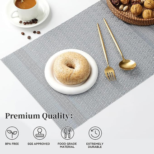 Leetaltree Lunar Grey Placemats Set of 12 - Heat Resistant Non-Slip Place mats for Dining Table, Washable Durable PVC Vinyl Woven Table Mats(Lunar Grey, 12)