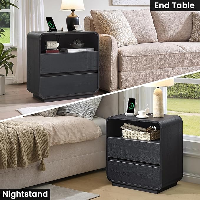 Black Nightstand Set of 2 with Charging Station, 25" Tall Wood Bedside Table, Modern Night Stand with 2 Storage Drawers, Curved Profile, Handleless, Modern End Table for Bedroom